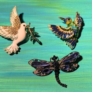 Elegant Enamel Dove, Hummingbird and Dragonfly Brooch Set